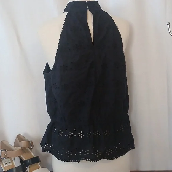 Black Eyelit Daisy Embroidery Halter Peplum Top Sz Xl - Picture 6 of 11